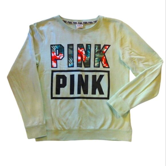 PINK VS 2015 Mint Green Tropical Logo Print Pullover Sweatshirt Small - Picture 1 of 8